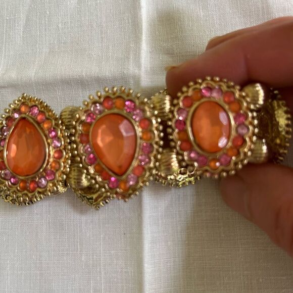 Bracelet, pink and orange stones with gold tone framing, double elastic - Picture 5 of 5